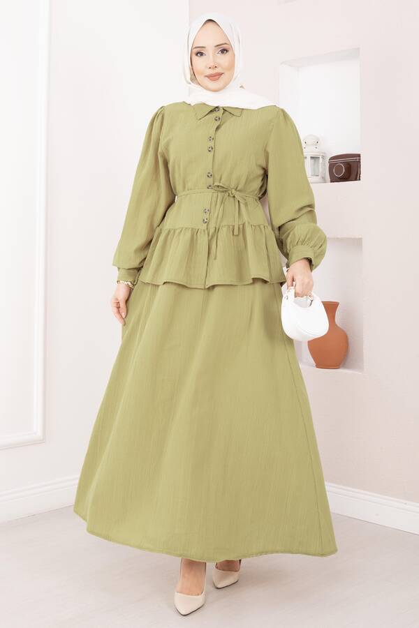 Önü Düğme Detaylı Etekli İkili Takım Hardal