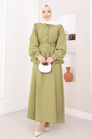 Önü Düğme Detaylı Etekli İkili Takım Hardal - Thumbnail