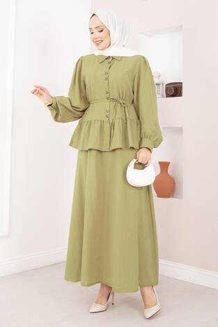 Önü Düğme Detaylı Etekli İkili Takım Hardal - Thumbnail