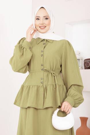 Önü Düğme Detaylı Etekli İkili Takım Hardal - Thumbnail