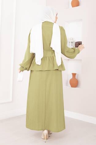 Önü Düğme Detaylı Etekli İkili Takım Hardal - Thumbnail