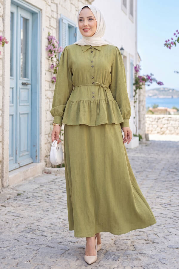 Zmr - Önü Düğme Detaylı Etekli İkili Takım Hardal