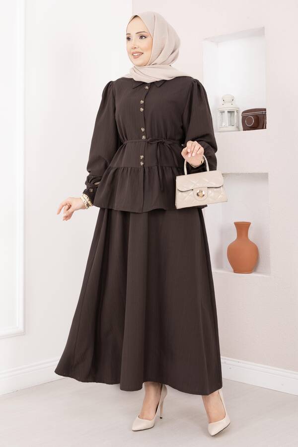 Zmr - Önü Düğme Detaylı Etekli İkili Takım Kahve