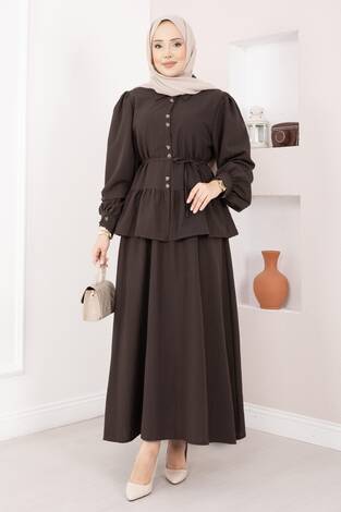 Önü Düğme Detaylı Etekli İkili Takım Kahve - Thumbnail