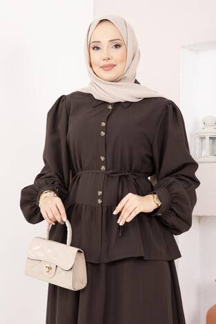 Önü Düğme Detaylı Etekli İkili Takım Kahve - Thumbnail