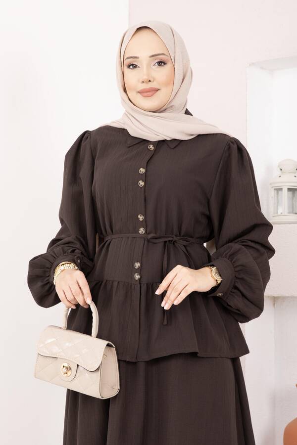 Zmr - Önü Düğme Detaylı Etekli İkili Takım Kahve (1)