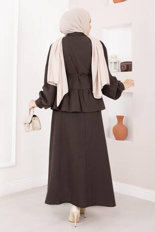 Önü Düğme Detaylı Etekli İkili Takım Kahve - Thumbnail
