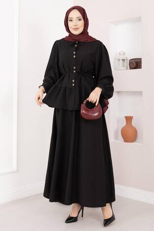 Önü Düğme Detaylı Etekli İkili Takım Siyah