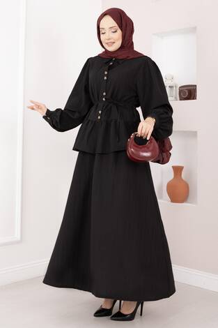 Önü Düğme Detaylı Etekli İkili Takım Siyah - Thumbnail