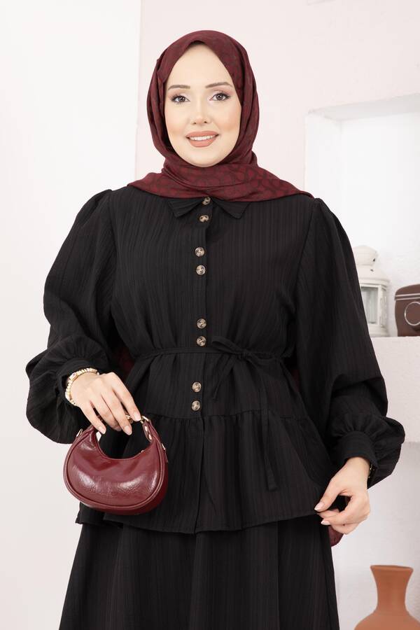 Zmr - Önü Düğme Detaylı Etekli İkili Takım Siyah (1)