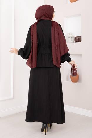 Önü Düğme Detaylı Etekli İkili Takım Siyah - Thumbnail
