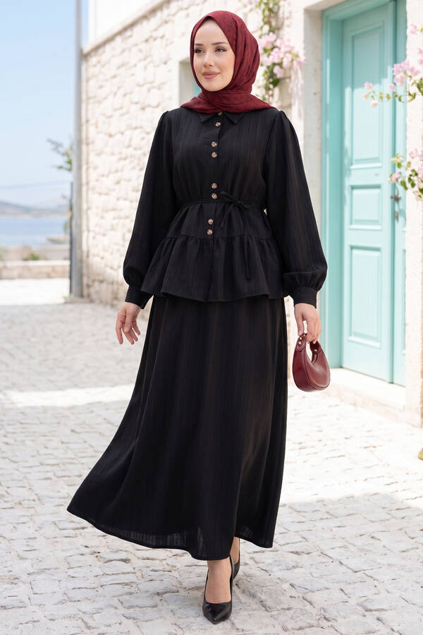 Zmr - Önü Düğme Detaylı Etekli İkili Takım Siyah