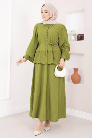 Önü Düğme Detaylı Etekli İkili Takım Yağ Yeşil - Thumbnail