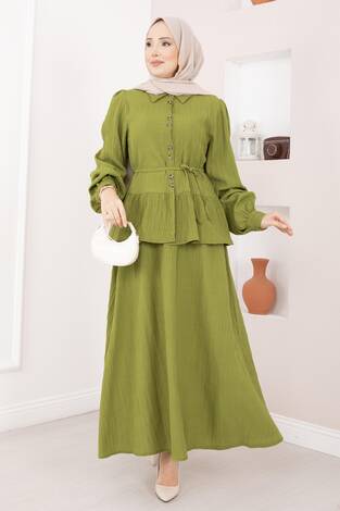 Önü Düğme Detaylı Etekli İkili Takım Yağ Yeşil
