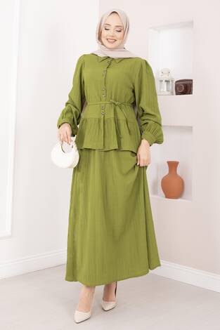 Önü Düğme Detaylı Etekli İkili Takım Yağ Yeşil - Thumbnail