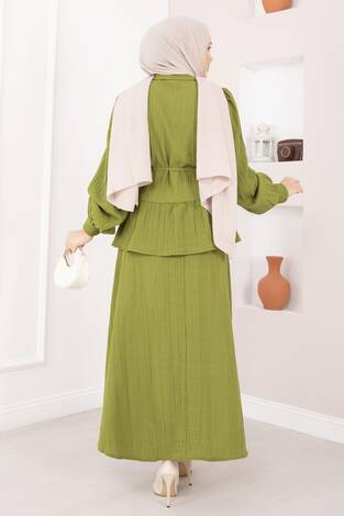 Önü Düğme Detaylı Etekli İkili Takım Yağ Yeşil - Thumbnail