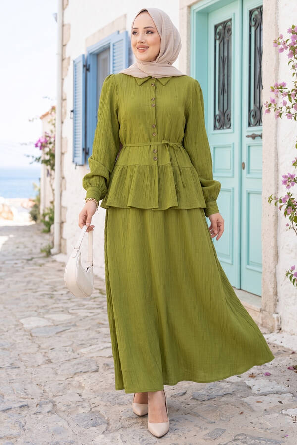 Zmr - Önü Düğme Detaylı Etekli İkili Takım Yağ Yeşil