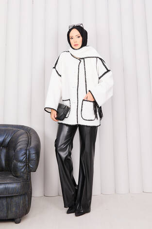 Önü Düğmeli Cep Detaylı Atkılı Ceket Beyaz - Thumbnail