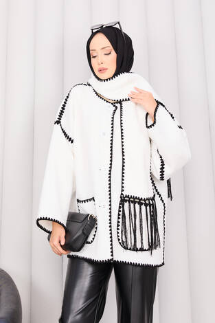 Önü Düğmeli Cep Detaylı Atkılı Ceket Beyaz - Thumbnail