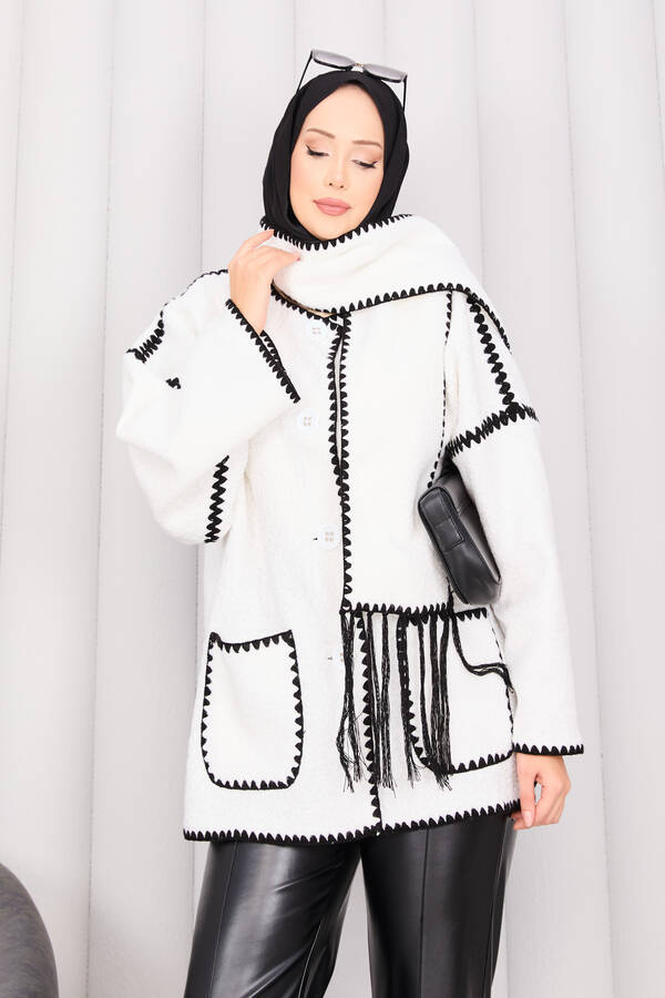 Znk - Önü Düğmeli Cep Detaylı Atkılı Ceket Beyaz (1)