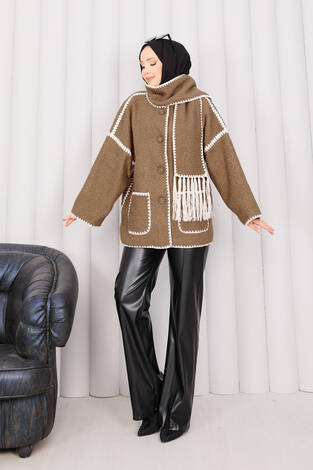 Önü Düğmeli Cep Detaylı Atkılı Ceket Camel - Thumbnail