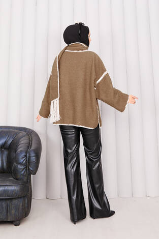 Önü Düğmeli Cep Detaylı Atkılı Ceket Camel - Thumbnail