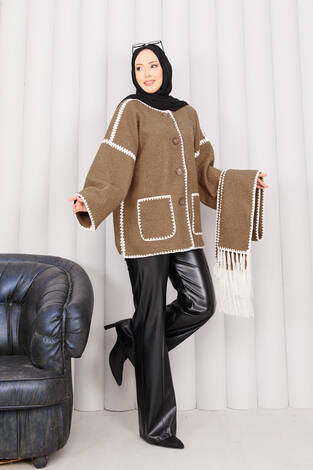 Önü Düğmeli Cep Detaylı Atkılı Ceket Camel - Thumbnail