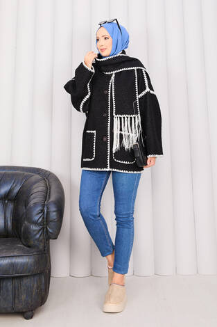 Önü Düğmeli Cep Detaylı Atkılı Ceket Siyah - Thumbnail