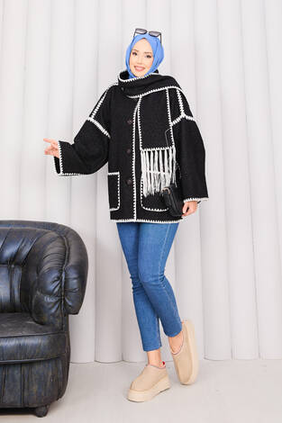 Önü Düğmeli Cep Detaylı Atkılı Ceket Siyah - Thumbnail