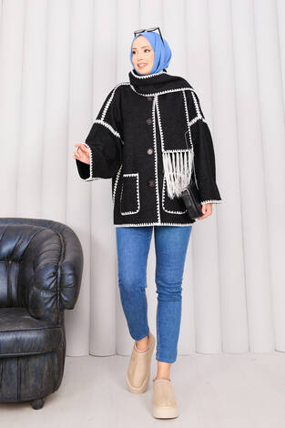 Önü Düğmeli Cep Detaylı Atkılı Ceket Siyah - Thumbnail