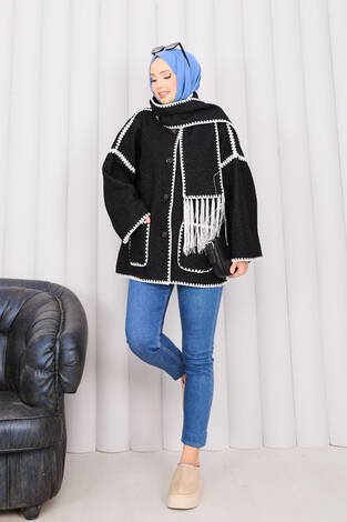 Önü Düğmeli Cep Detaylı Atkılı Ceket Siyah - Thumbnail