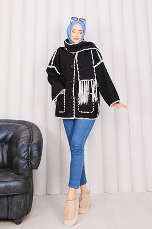 Önü Düğmeli Cep Detaylı Atkılı Ceket Siyah - Thumbnail