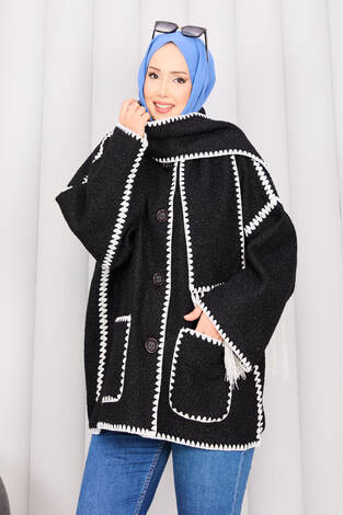 Önü Düğmeli Cep Detaylı Atkılı Ceket Siyah - Thumbnail