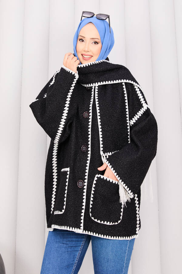 Znk - Önü Düğmeli Cep Detaylı Atkılı Ceket Siyah (1)