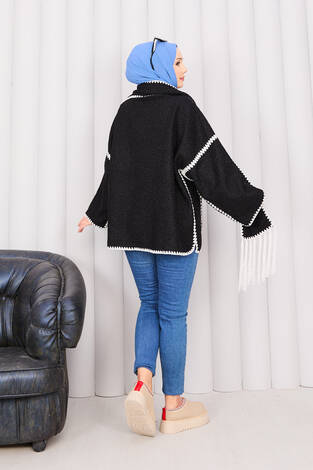 Önü Düğmeli Cep Detaylı Atkılı Ceket Siyah - Thumbnail