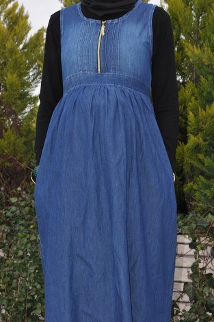 Önü Fermuarlı Hamile Koyu Kot Elbise 8941-2 - Thumbnail
