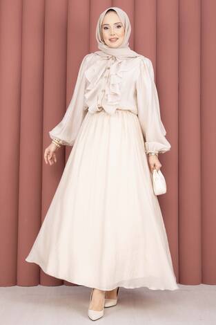Önü Fırfır Detaylı Etekli Tesettür Takım Bej - Thumbnail