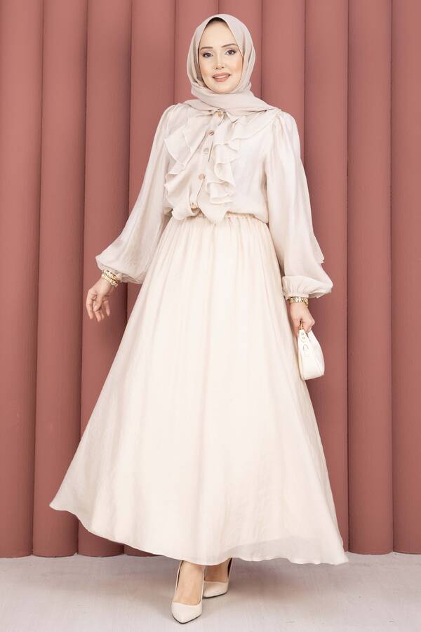 Htn - Önü Fırfır Detaylı Etekli Tesettür Takım Bej