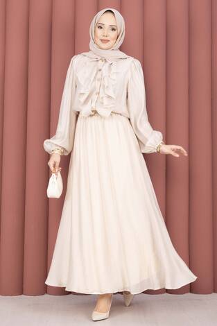 Önü Fırfır Detaylı Etekli Tesettür Takım Bej - Thumbnail