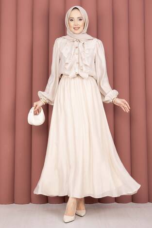 Önü Fırfır Detaylı Etekli Tesettür Takım Bej - Thumbnail