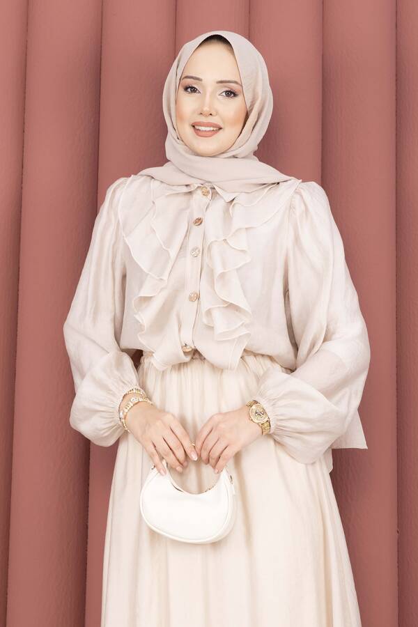 Htn - Önü Fırfır Detaylı Etekli Tesettür Takım Bej (1)
