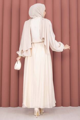 Önü Fırfır Detaylı Etekli Tesettür Takım Bej - Thumbnail