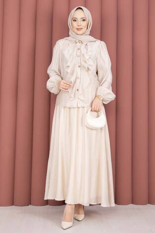 Önü Fırfır Detaylı Etekli Tesettür Takım Bej - Thumbnail