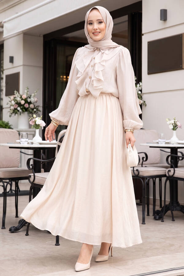Htn - Önü Fırfır Detaylı Etekli Tesettür Takım Bej