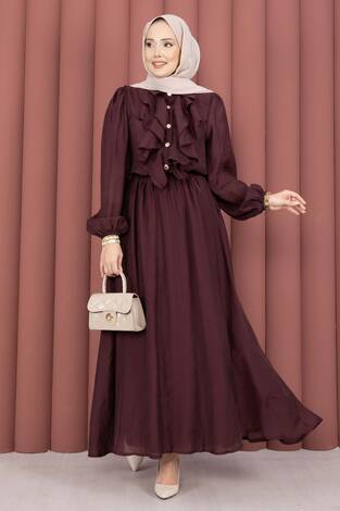 Önü Fırfır Detaylı Etekli Tesettür Takım Bordo - Thumbnail
