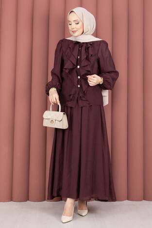 Önü Fırfır Detaylı Etekli Tesettür Takım Bordo - Thumbnail