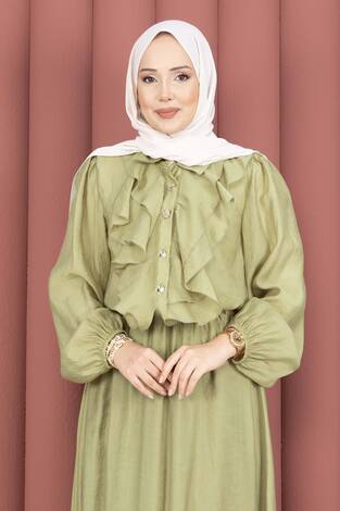 Önü Fırfır Detaylı Etekli Tesettür Takım Haki - Thumbnail