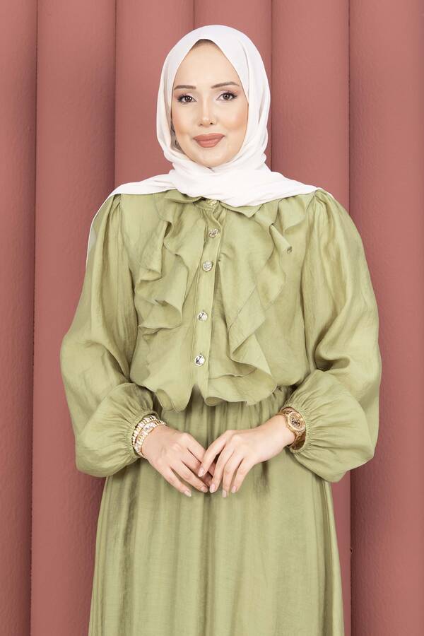 Htn - Önü Fırfır Detaylı Etekli Tesettür Takım Haki (1)