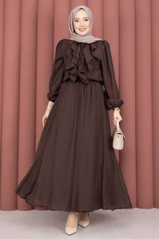 Önü Fırfır Detaylı Etekli Tesettür Takım Kahve - Thumbnail
