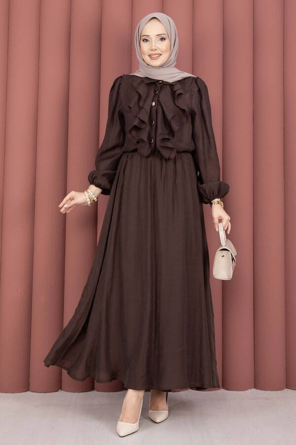 Htn - Önü Fırfır Detaylı Etekli Tesettür Takım Kahve